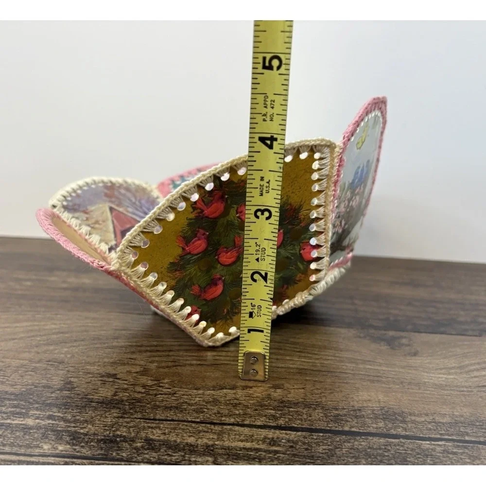 Vintage Handmade Stitched Ephemera Greeting Card Basket Christmas Bowl